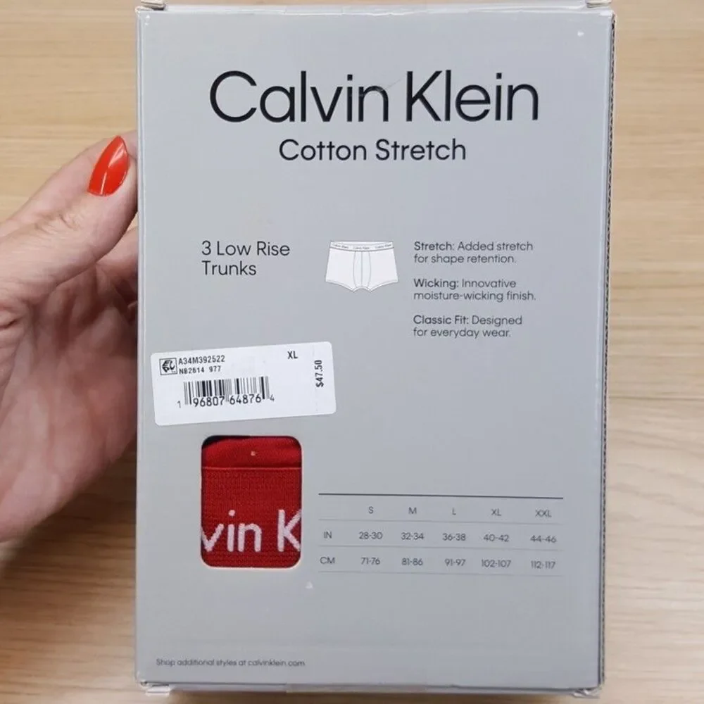CALVIN KLEIN Boxer Briefs Mens XL Gray Red Blue 3-Pack Low Rise Trunk Cotton